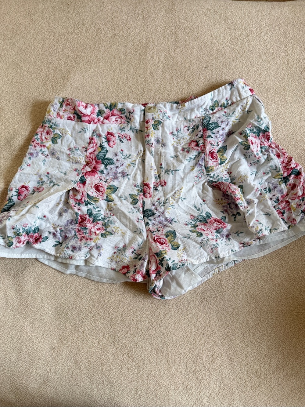 Forever 21 White Floral High Waist Shorts with Pink Rose Print